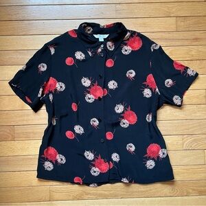 Vintage Black and Red Drapey Floral Short Sleeve Blouse Size M-L